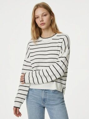 Adrianna Papell White Crewneck Sweater with Black Stripes- flawless-never worn